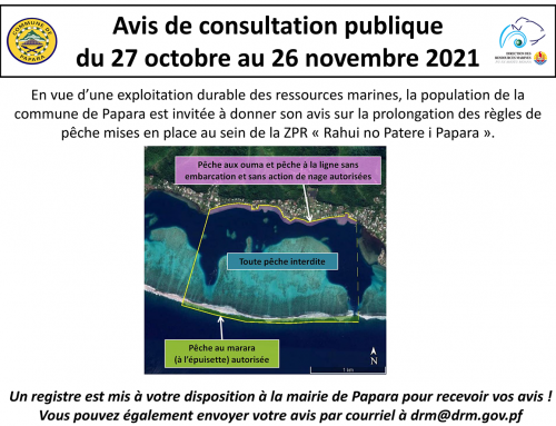 CONSULTATION PUBLIQUE : Zone de Pêche Réglementée Rahui No Patere I Papara